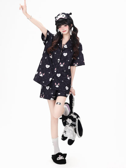 Crazy Girl Kitten Print Japanese Soft Short Sleeve Lapel Women&