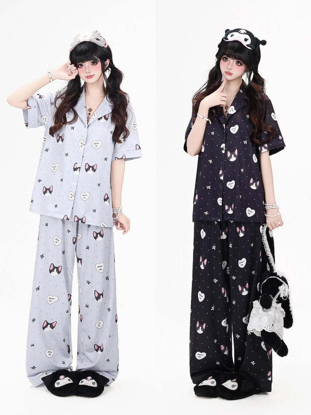 Crazy Girl Kitten Print Japanese Soft Short Sleeve Lapel Women&