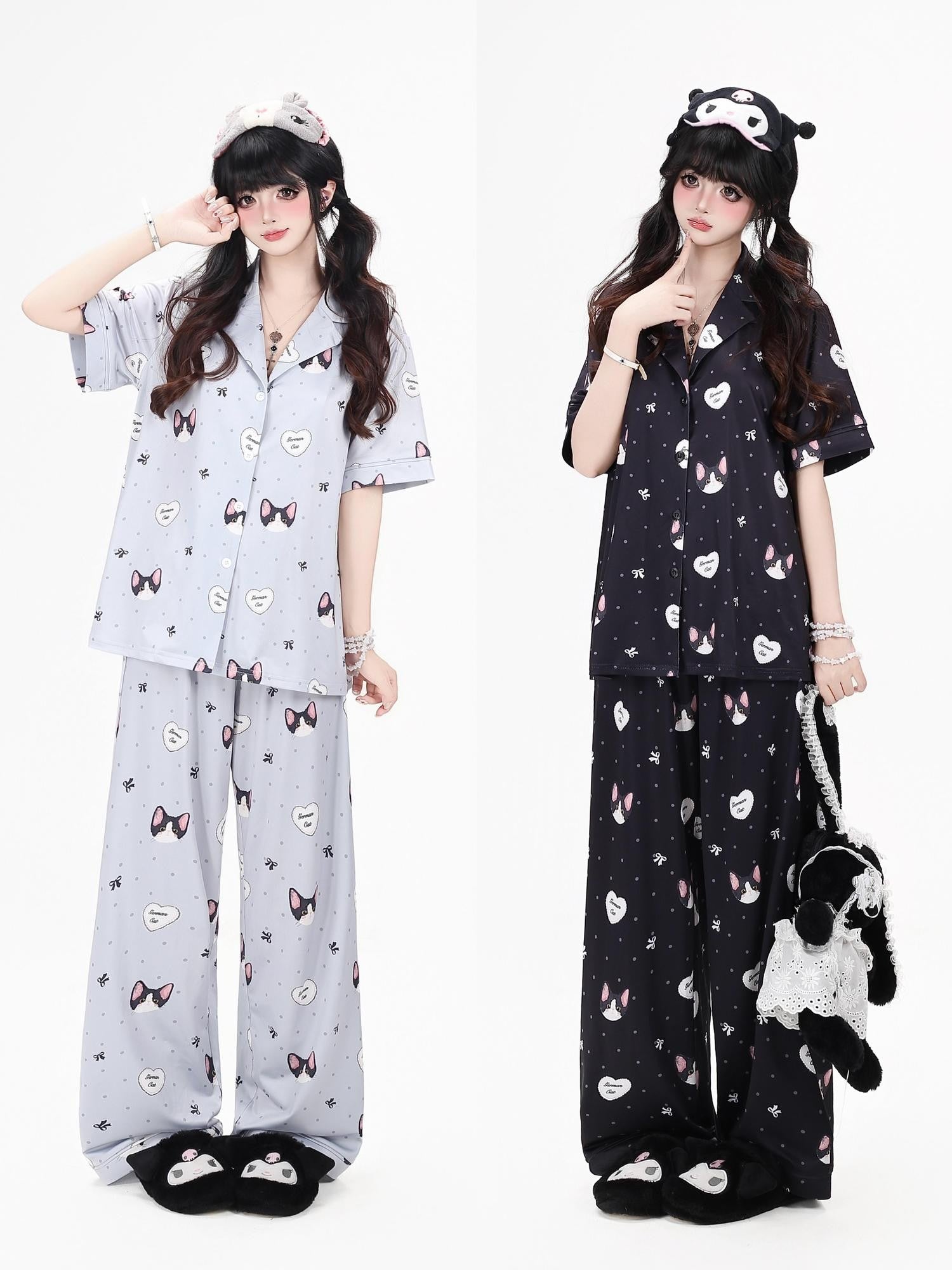 Crazy Girl Kitten Print Japanese Soft Short Sleeve Lapel Women&