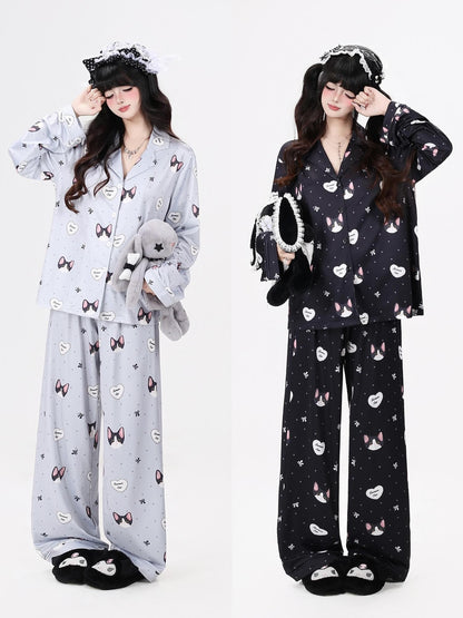 Crazy Girl Kitten Print Japanese Soft Short Sleeve Lapel Women&