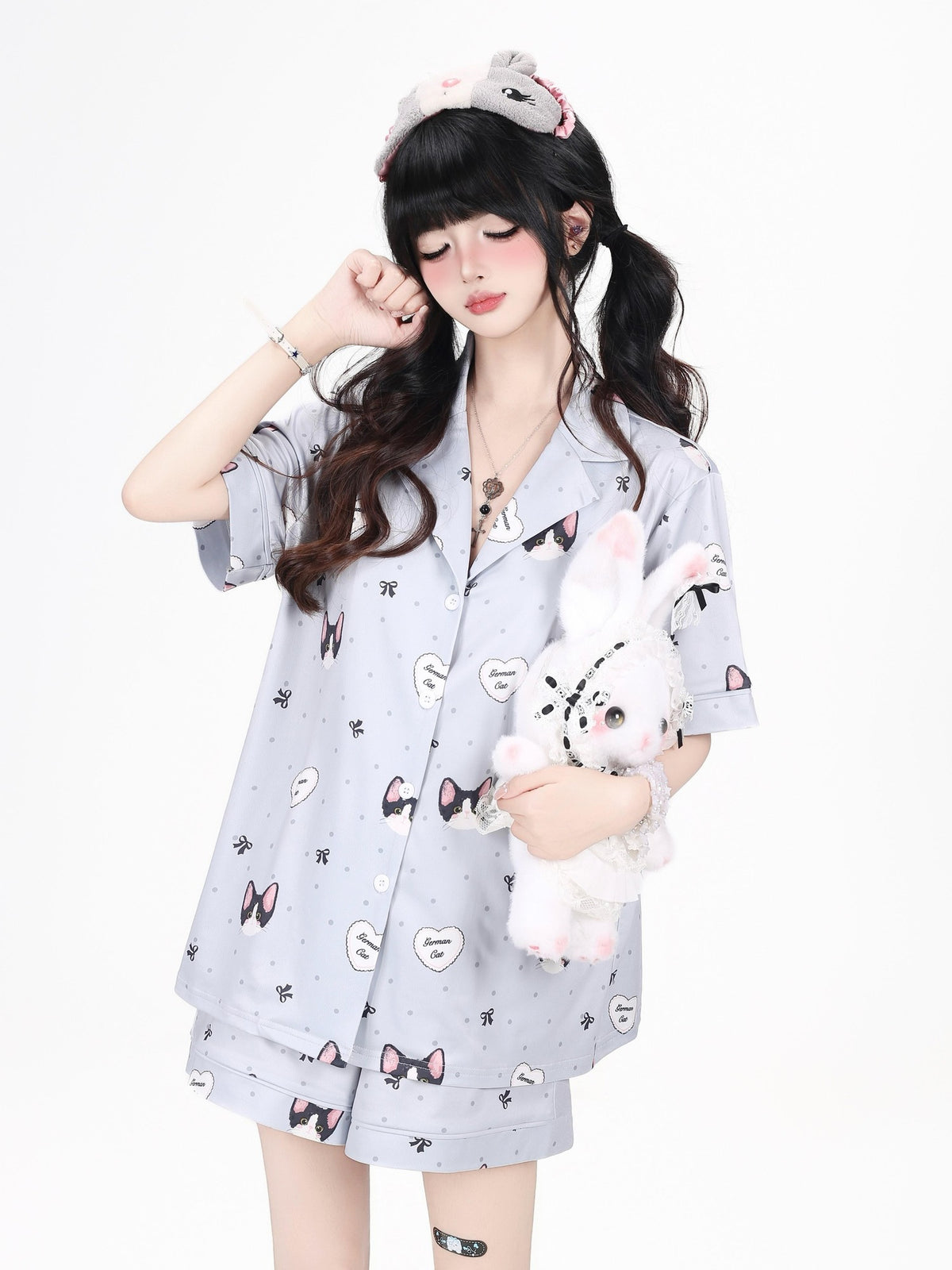 Crazy Girl Kitten Print Japanese Soft Short Sleeve Lapel Women&
