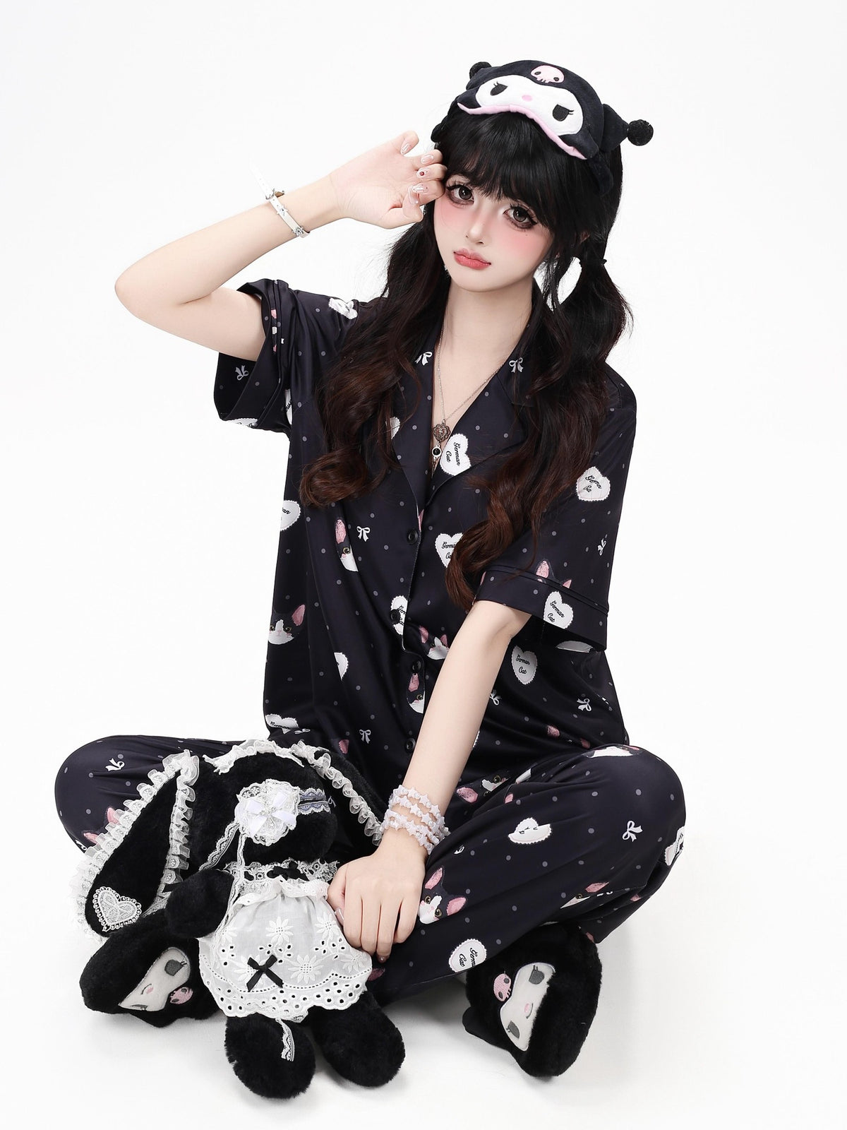 Crazy Girl Kitten Print Japanese Soft Short Sleeve Lapel Women&