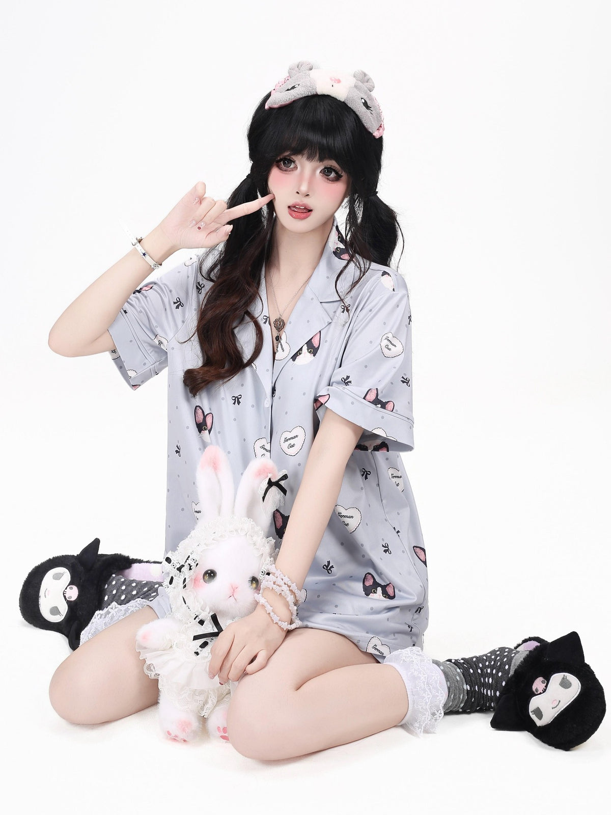 Crazy Girl Kitten Print Japanese Soft Short Sleeve Lapel Women&