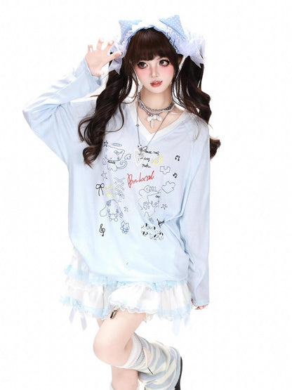 Crazy Girl Korean V-neck Raglan Patchwork Loose Women&