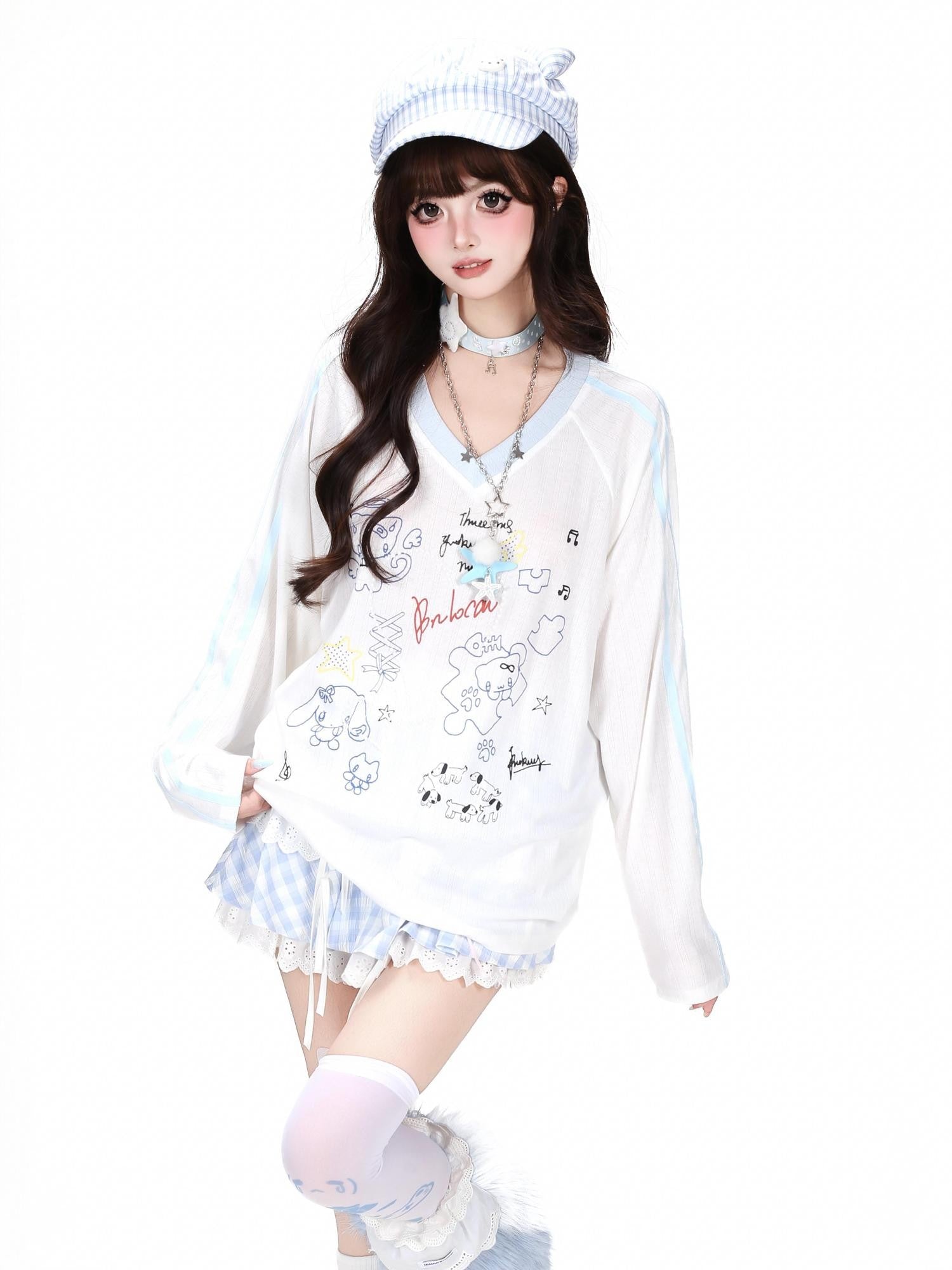 Crazy Girl Korean V-neck Raglan Patchwork Loose Women&