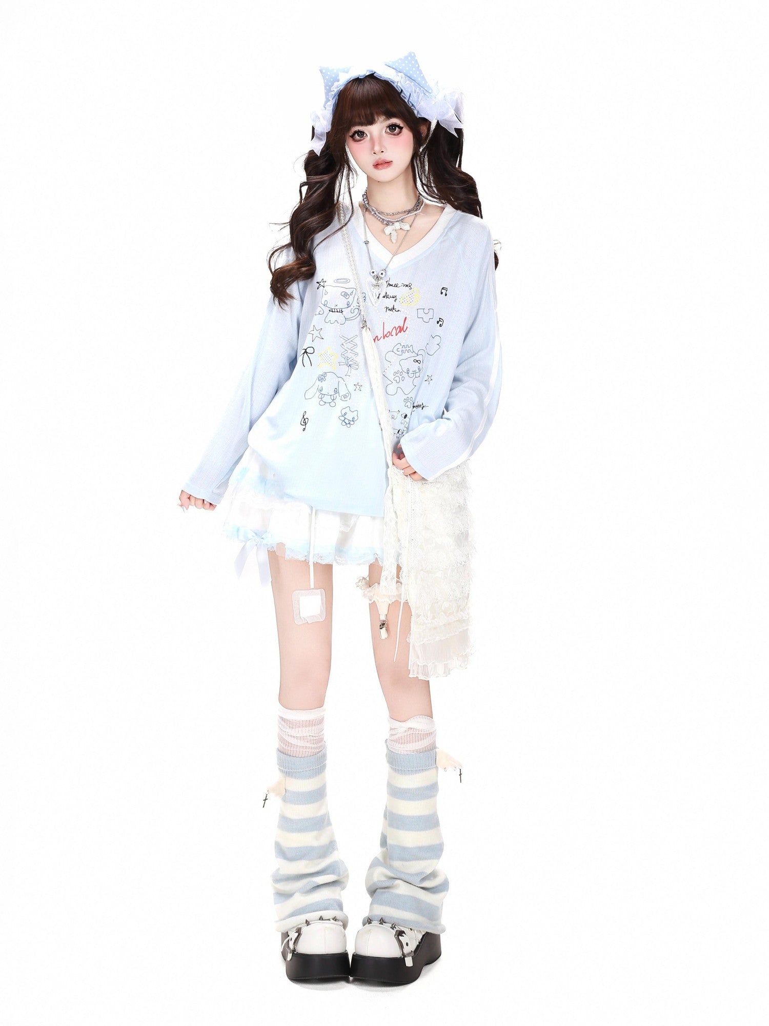 Crazy Girl Korean V-neck Raglan Patchwork Loose Women&