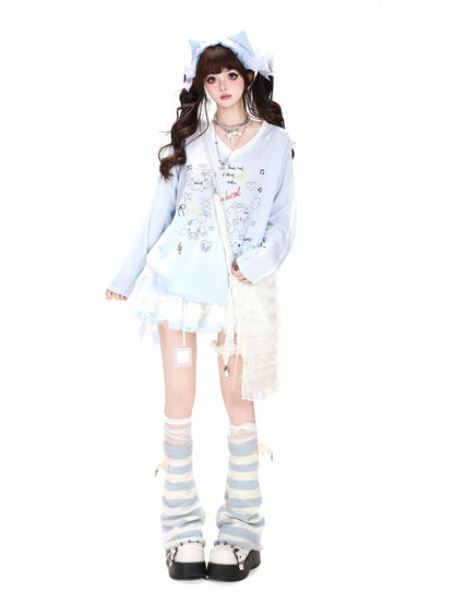 Crazy Girl Korean V-neck Raglan Patchwork Loose Women&