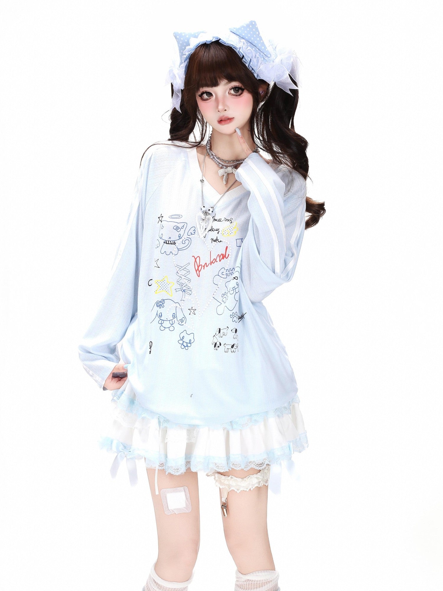 Crazy Girl Korean V-neck Raglan Patchwork Loose Women&