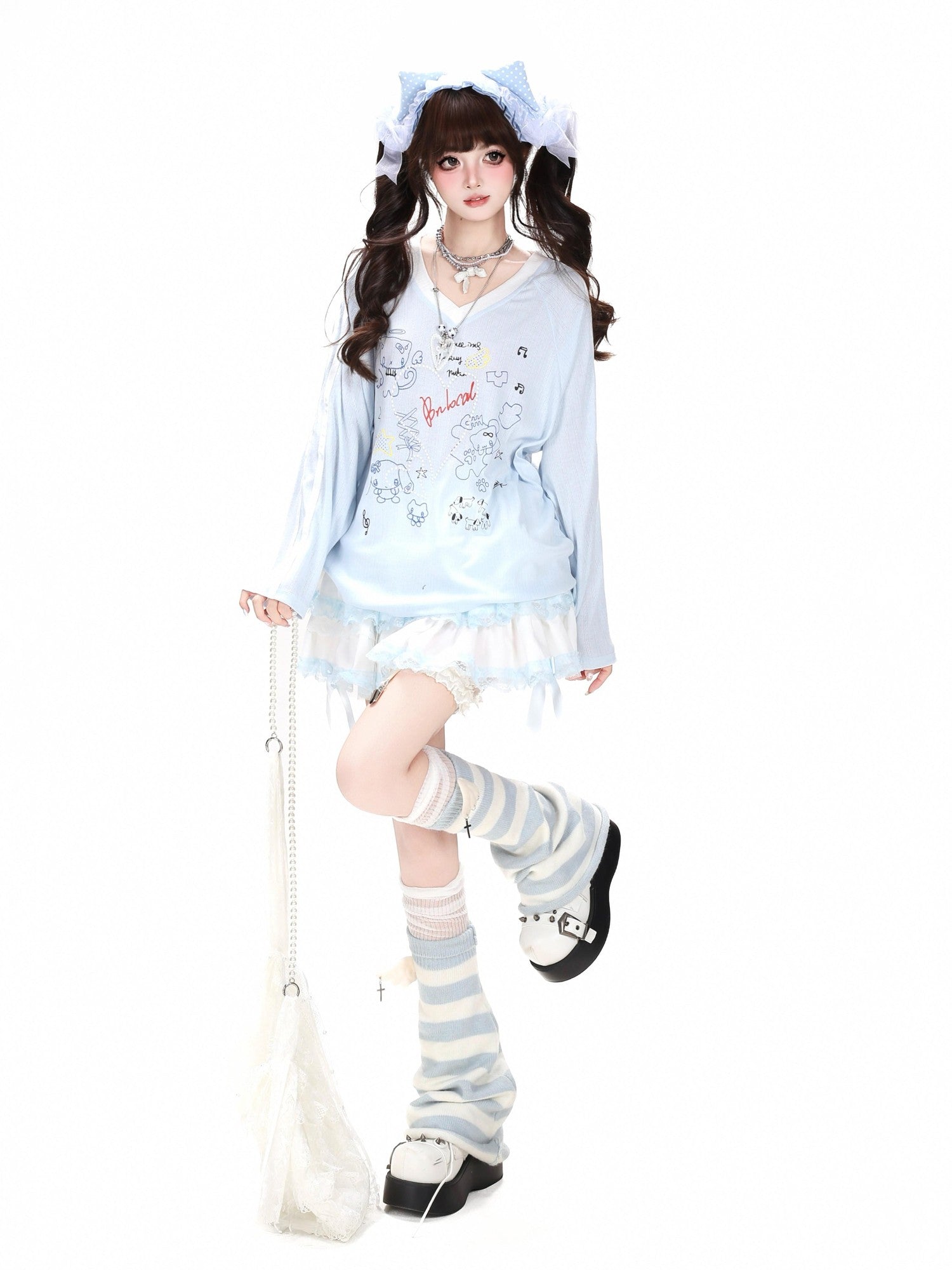 Crazy Girl Korean V-neck Raglan Patchwork Loose Women&