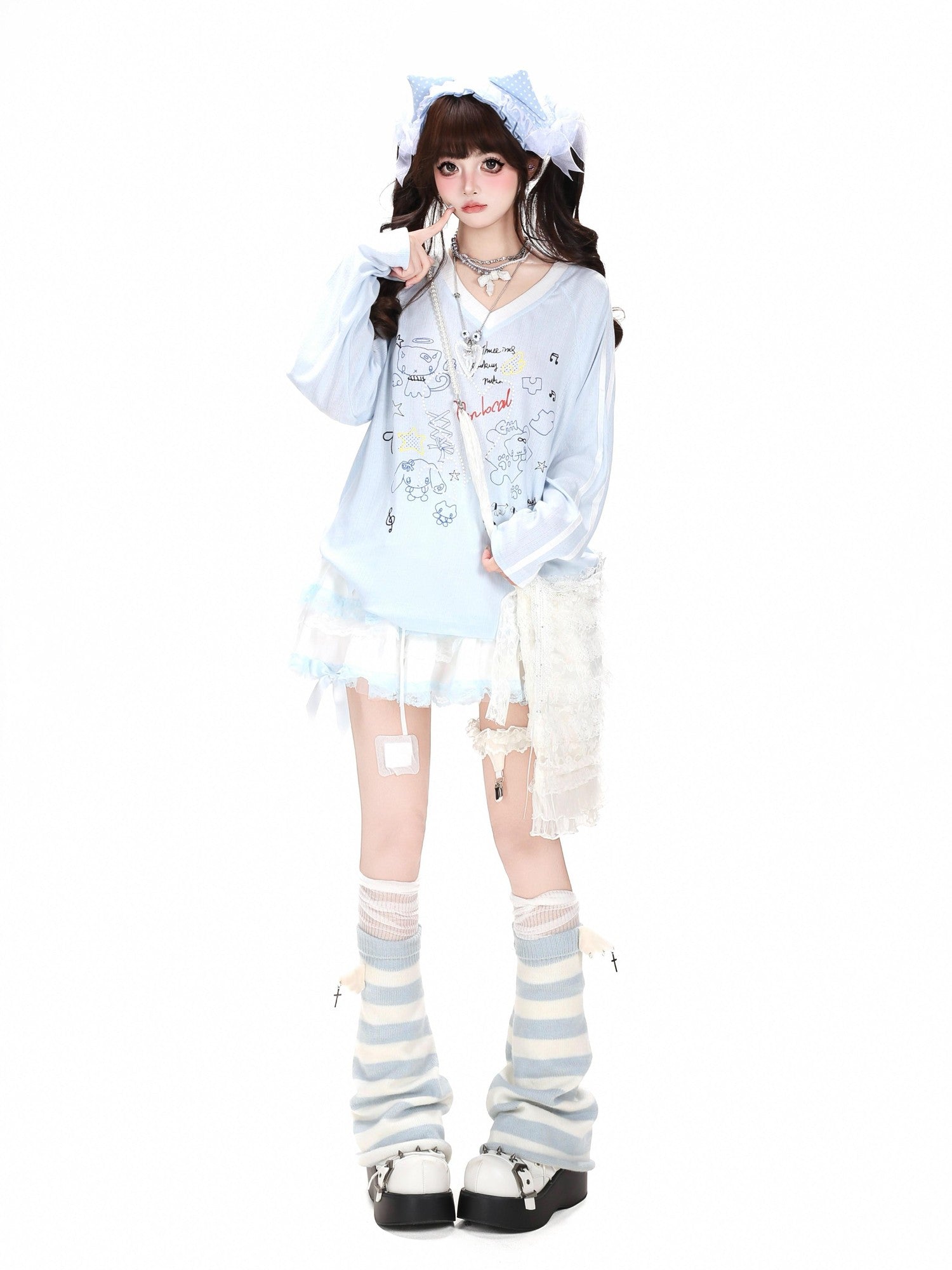 Crazy Girl Korean V-neck Raglan Patchwork Loose Women&