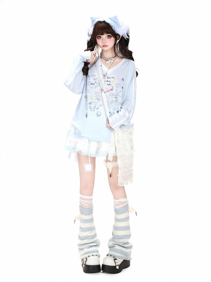 Crazy Girl Korean V-neck Raglan Patchwork Loose Women&