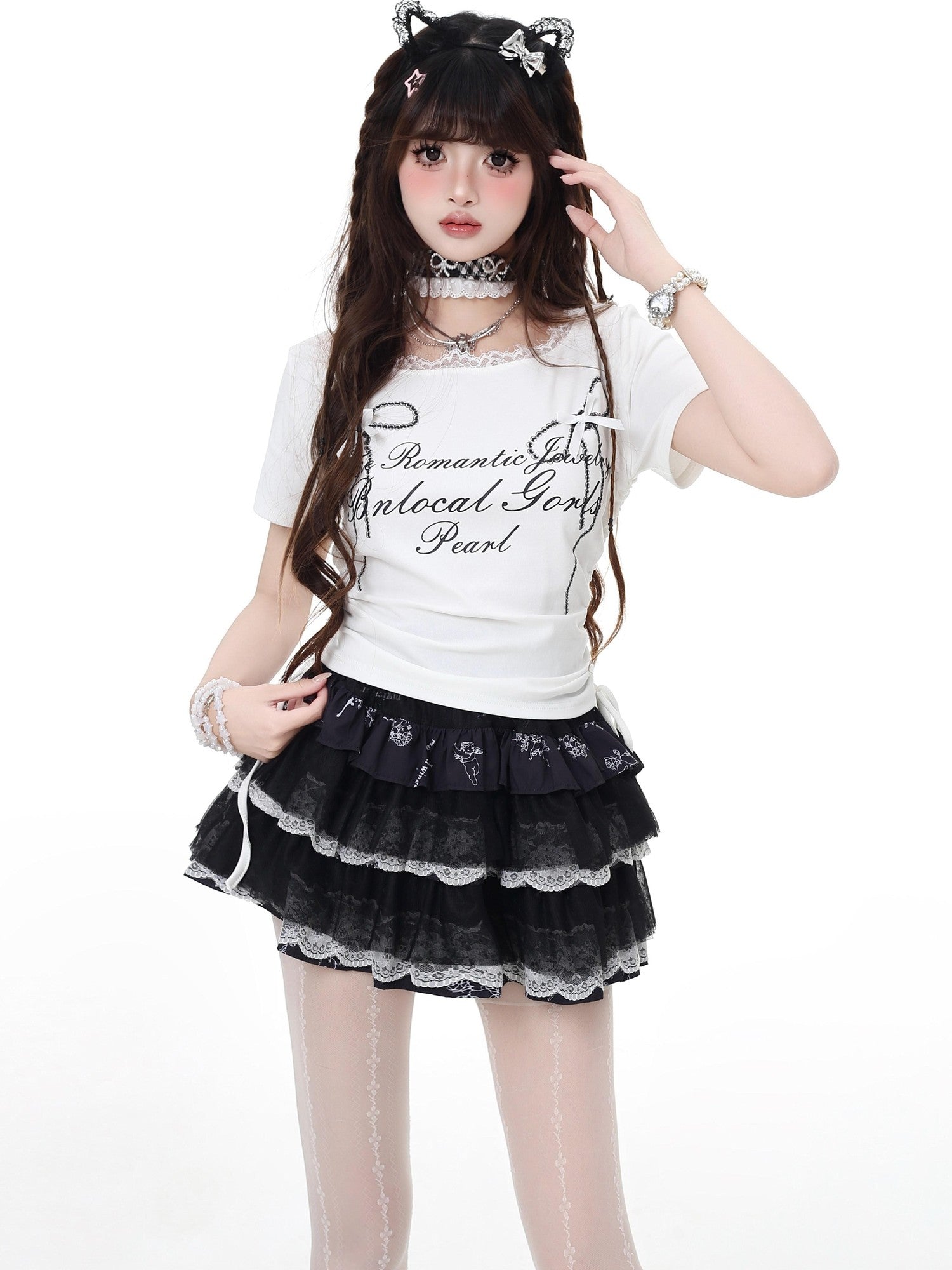 Crazy Girl Lace Trim Drawstring Slim Fit Short Sleeve Round Neck Women&