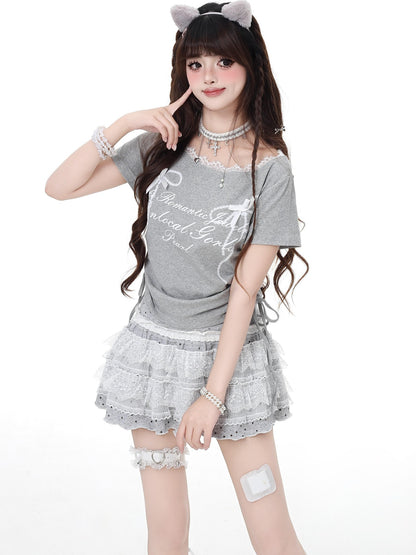 Crazy Girl Lace Trim Drawstring Slim Fit Short Sleeve Round Neck Women&