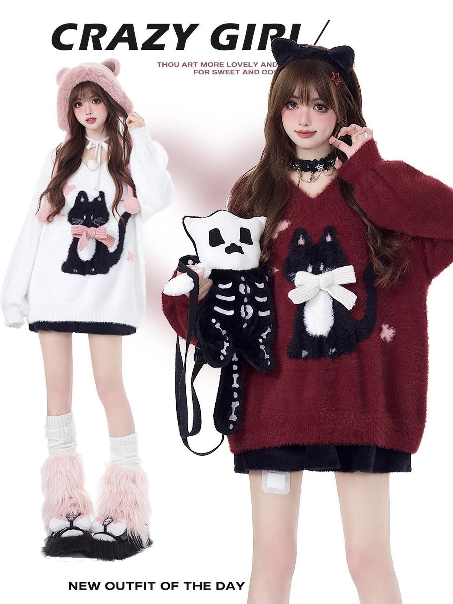 Crazy Girl Lazy Kitten Bow Jacquard Oversized Women&
