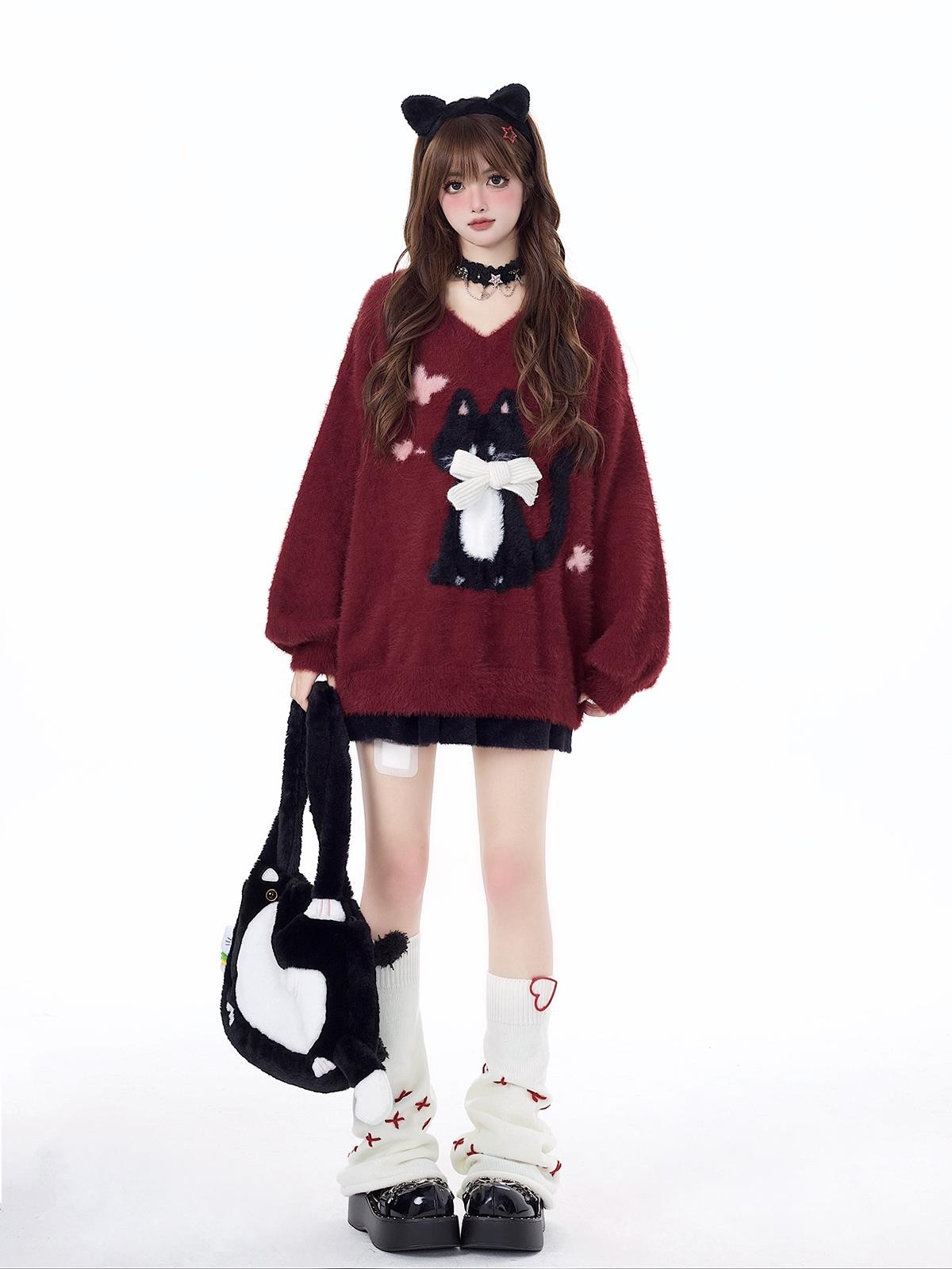 Crazy Girl Lazy Kitten Bow Jacquard Oversized Women&
