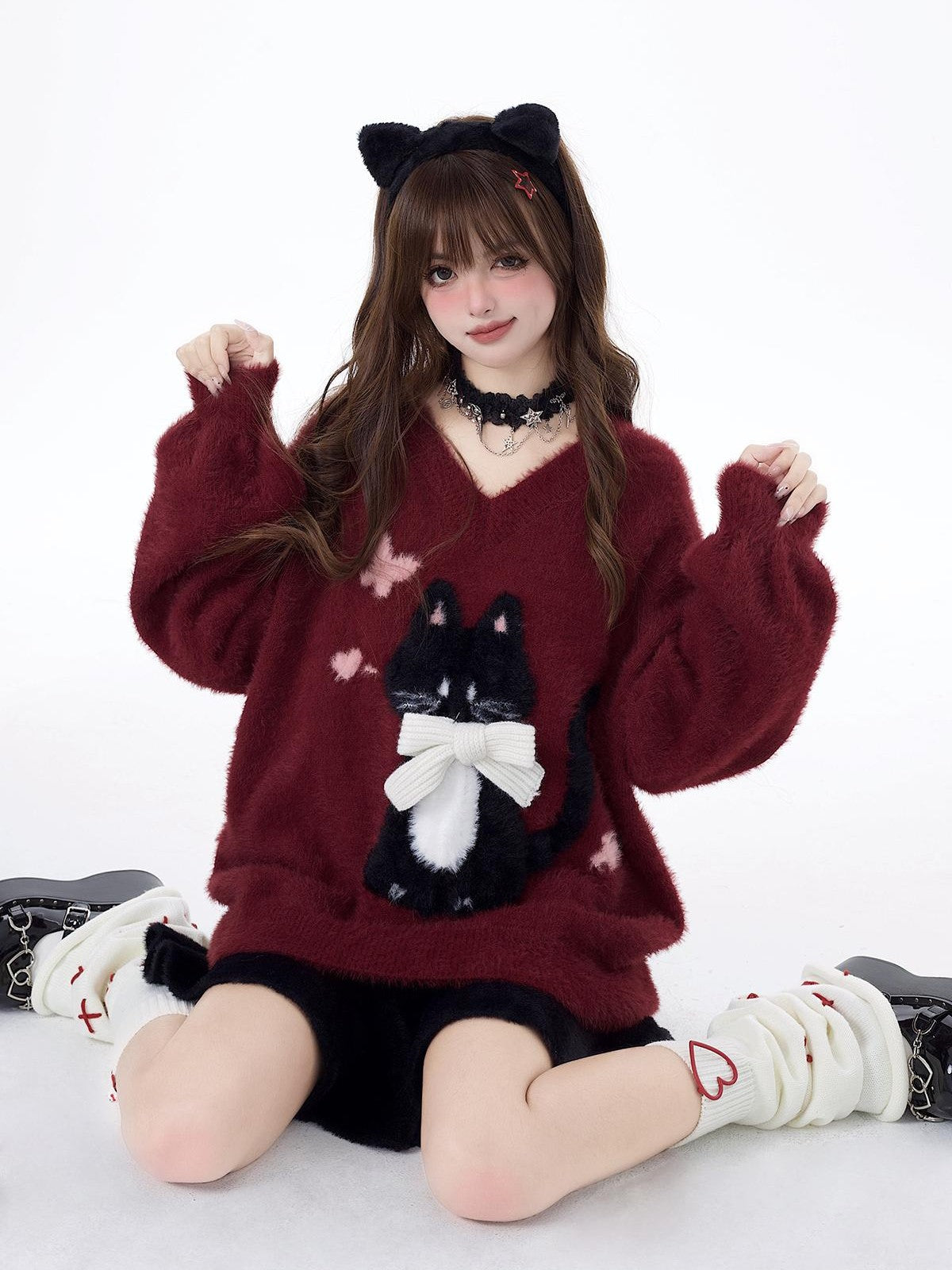 Crazy Girl Lazy Kitten Bow Jacquard Oversized Women&