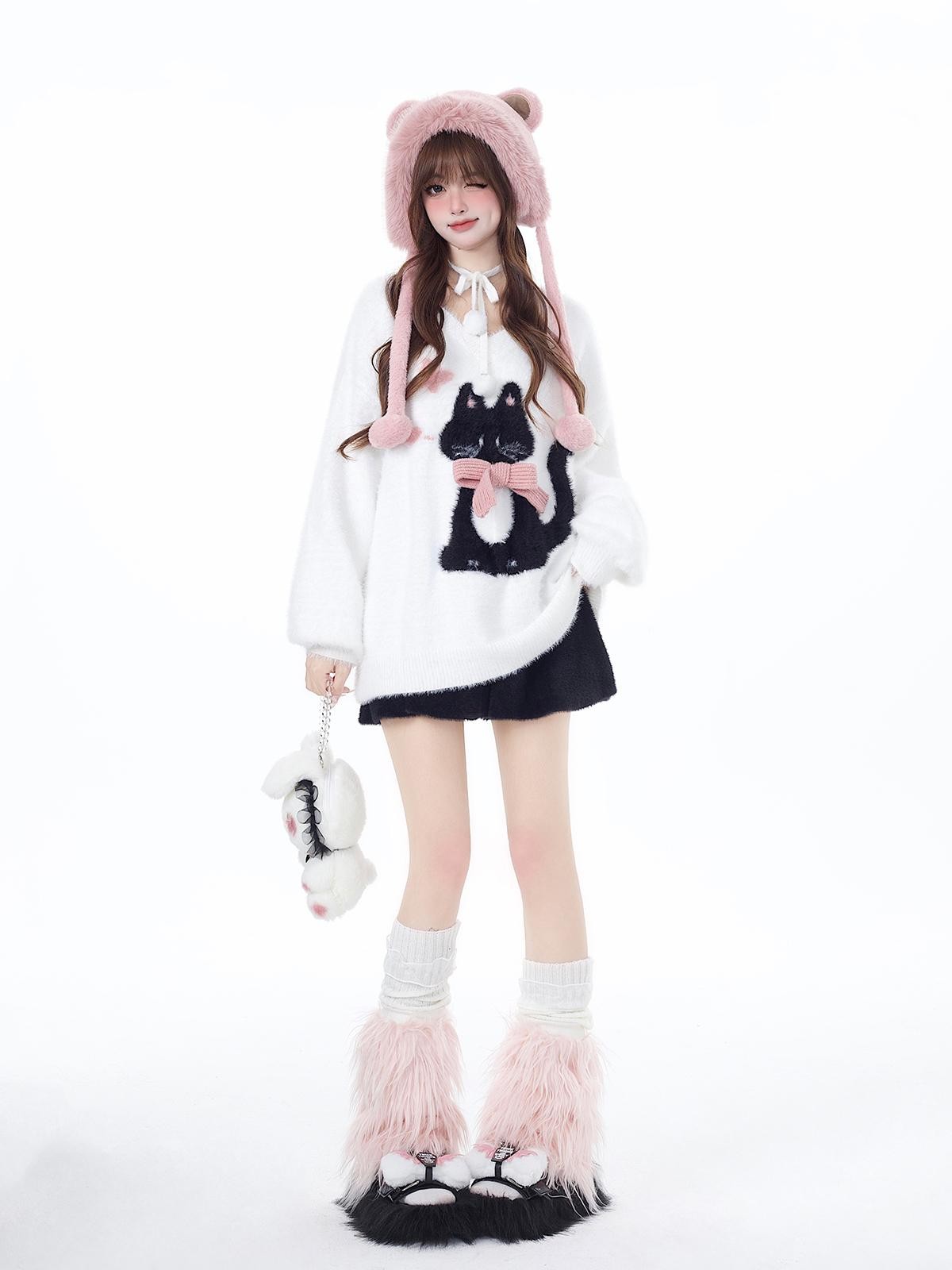 Crazy Girl Lazy Kitten Bow Jacquard Oversized Women&