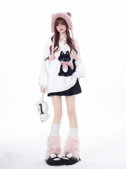Crazy Girl Lazy Kitten Bow Jacquard Oversized Women&