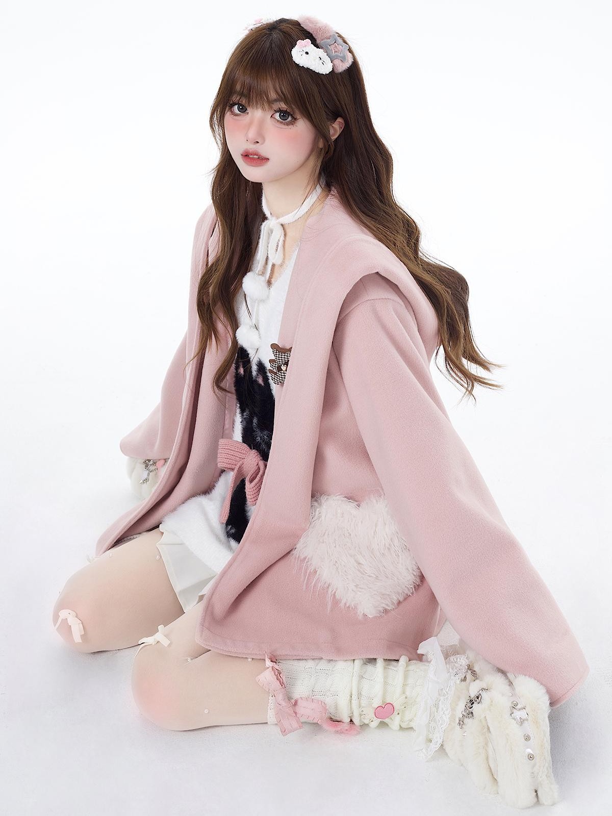 Crazy Girl Lazy Kitten Bow Jacquard Oversized Women&