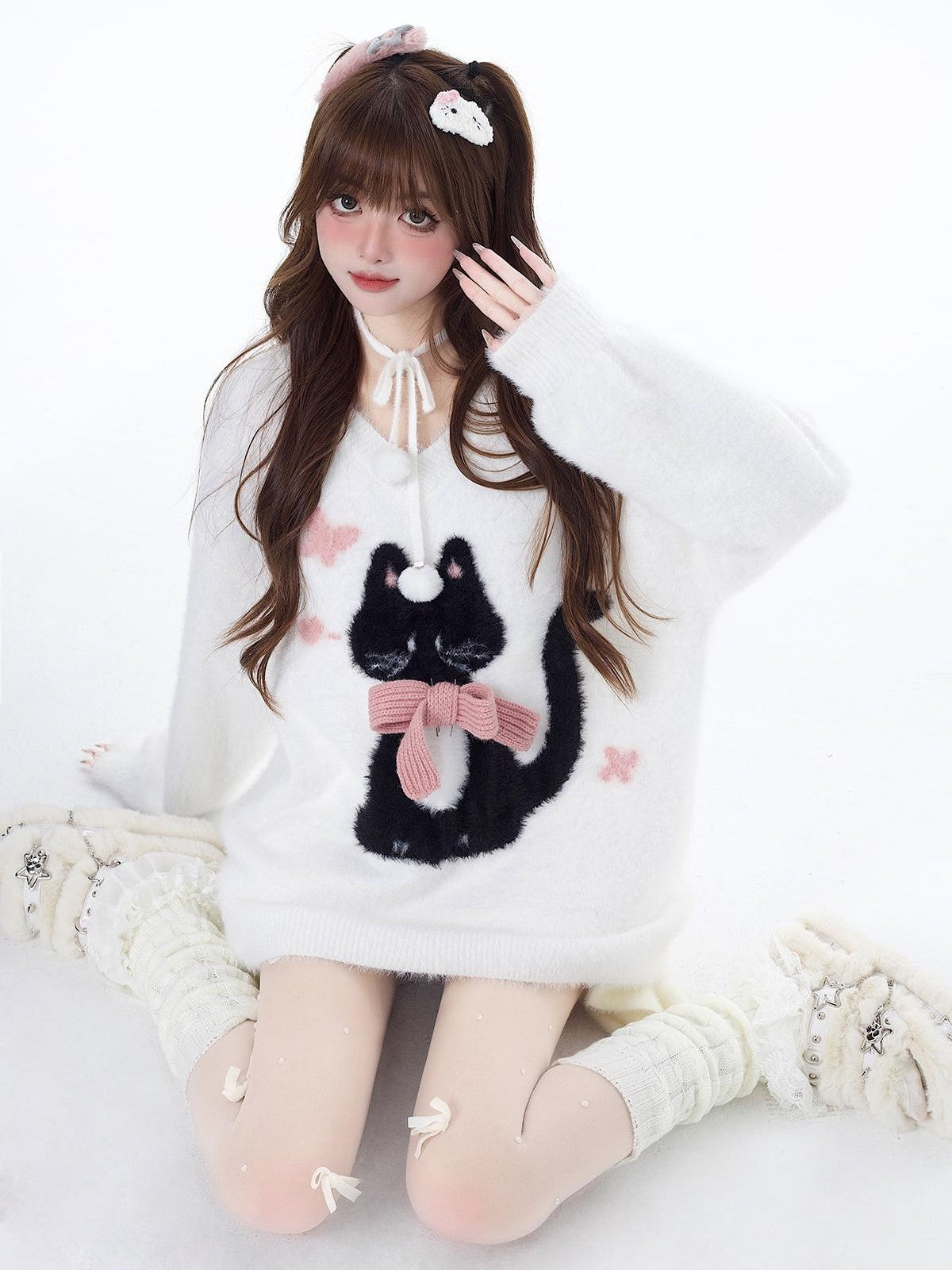 Crazy Girl Lazy Kitten Bow Jacquard Oversized Women&