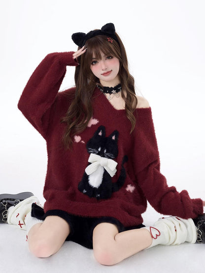 Crazy Girl Lazy Kitten Bow Jacquard Oversized Women&