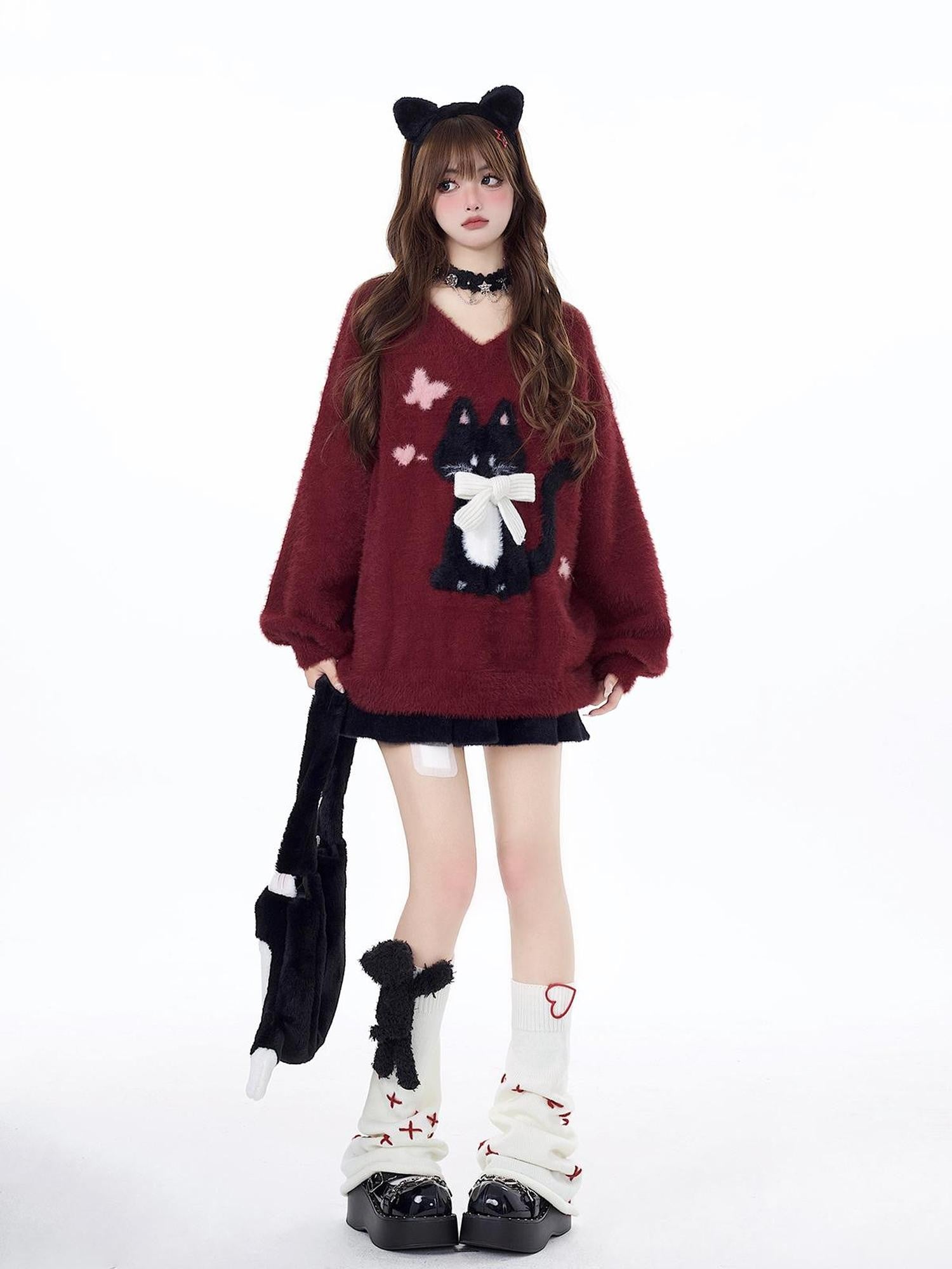 Crazy Girl Lazy Kitten Bow Jacquard Oversized Women&