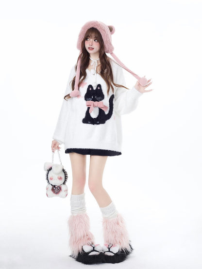Crazy Girl Lazy Kitten Bow Jacquard Oversized Women&