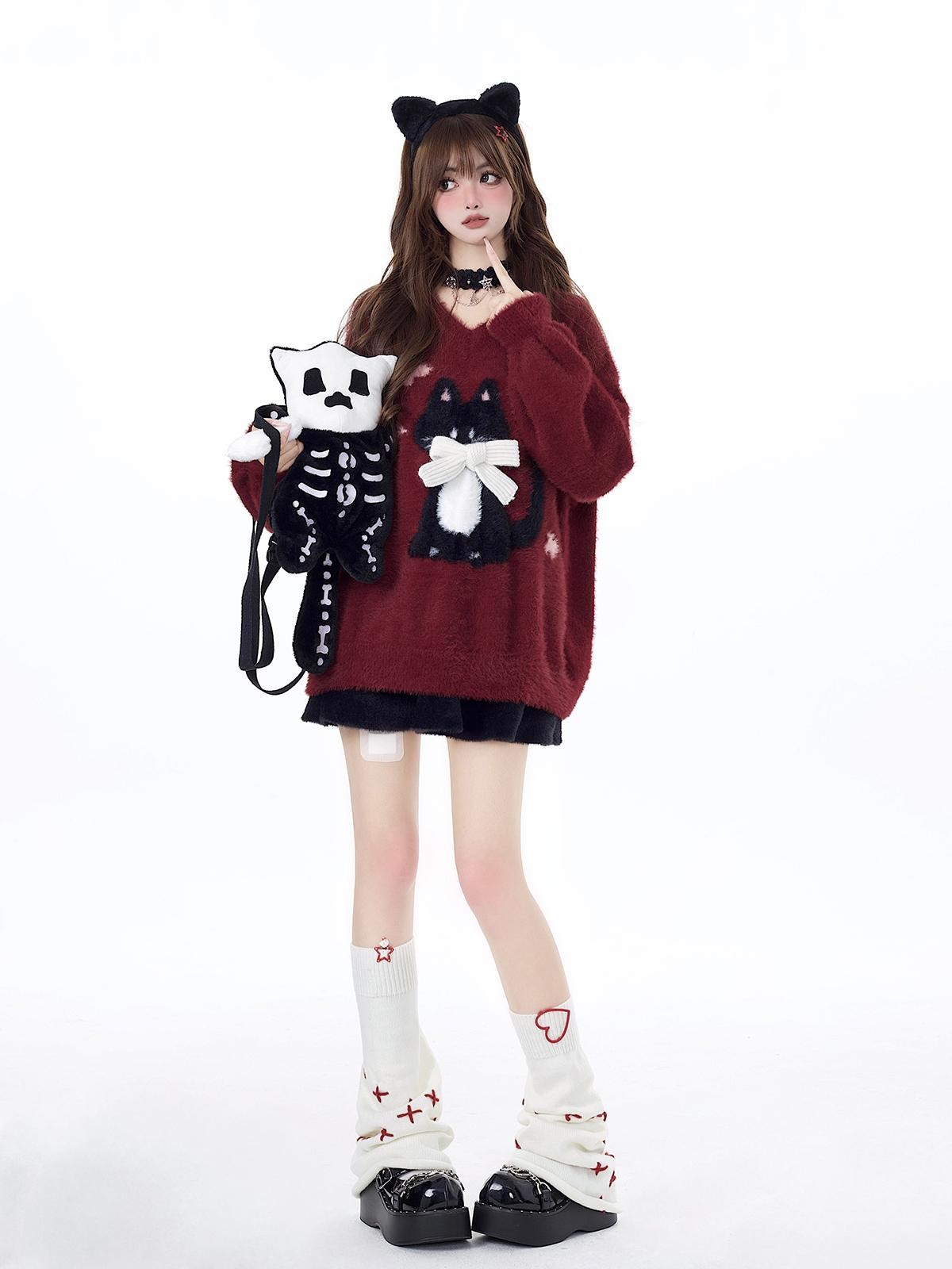 Crazy Girl Lazy Kitten Bow Jacquard Oversized Women&