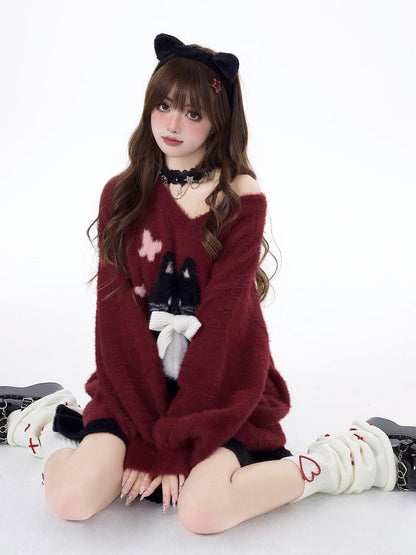 Crazy Girl Lazy Kitten Bow Jacquard Oversized Women&