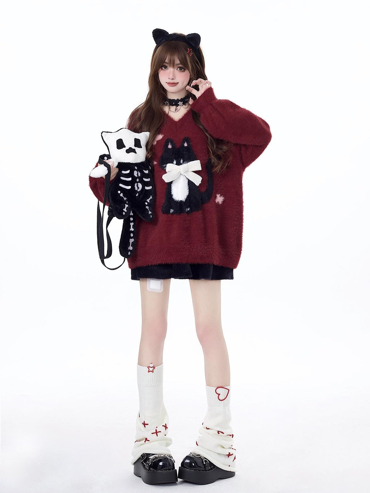 Crazy Girl Lazy Kitten Bow Jacquard Oversized Women&