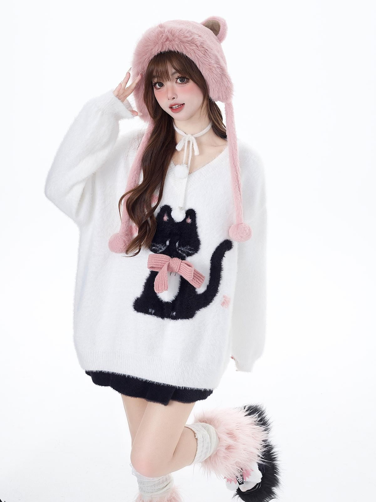 Crazy Girl Lazy Kitten Bow Jacquard Oversized Women&
