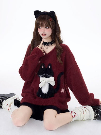 Crazy Girl Lazy Kitten Bow Jacquard Oversized Women&