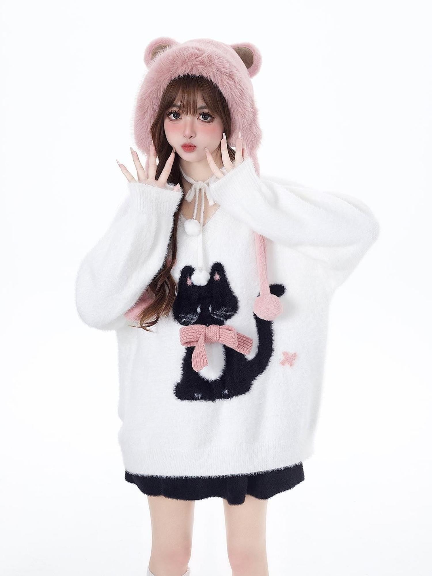 Crazy Girl Lazy Kitten Bow Jacquard Oversized Women&