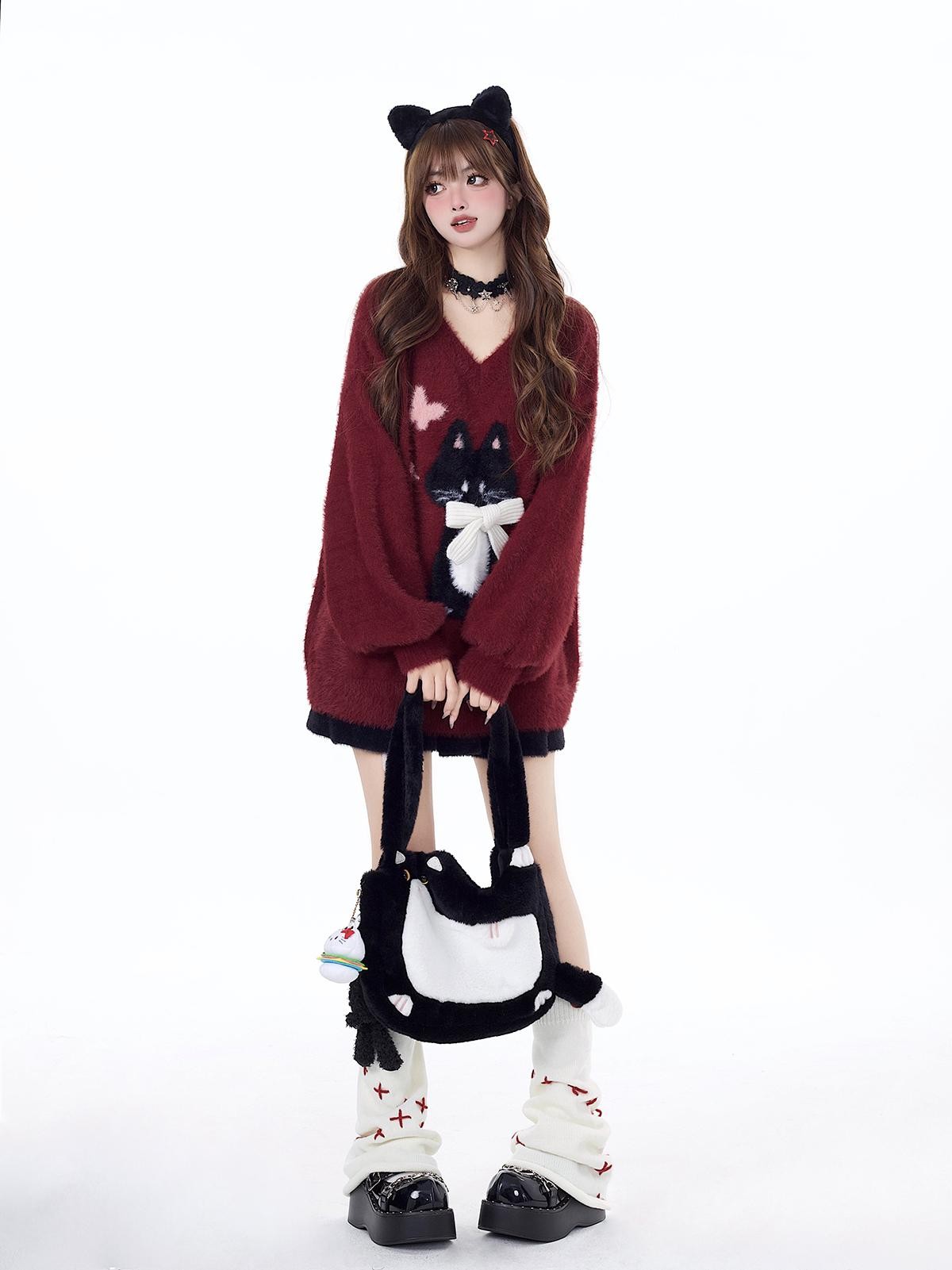 Crazy Girl Lazy Kitten Bow Jacquard Oversized Women&