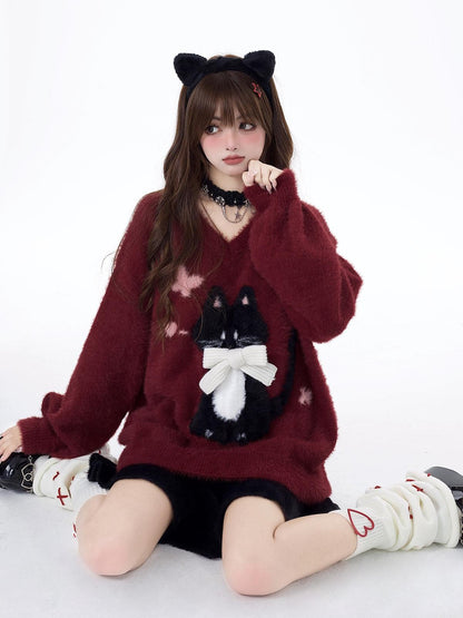Crazy Girl Lazy Kitten Bow Jacquard Oversized Women&