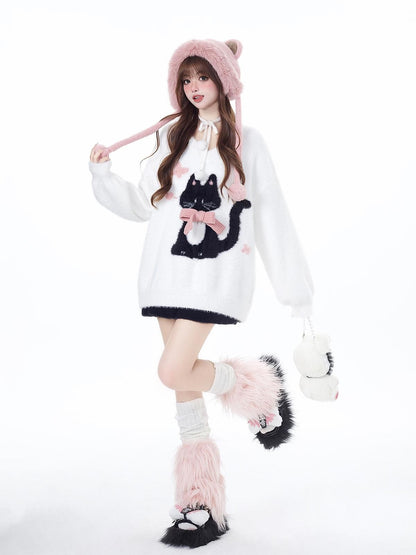 Crazy Girl Lazy Kitten Bow Jacquard Oversized Women&