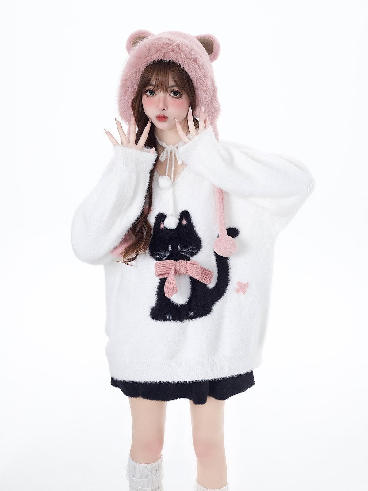 Crazy Girl Lazy Kitten Bow Jacquard Oversized Women&