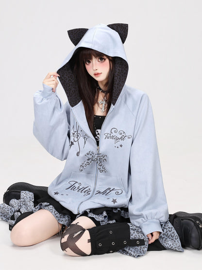 Crazy Girl Leopard Cat Ear Note Embroidered Hooded Women&