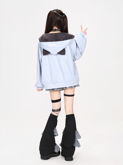 Crazy Girl Leopard Cat Ear Note Embroidered Hooded Women&