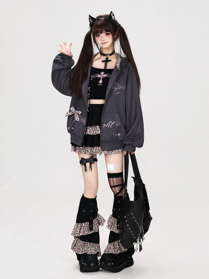 Crazy Girl Leopard Cat Ear Note Embroidered Hooded Women&