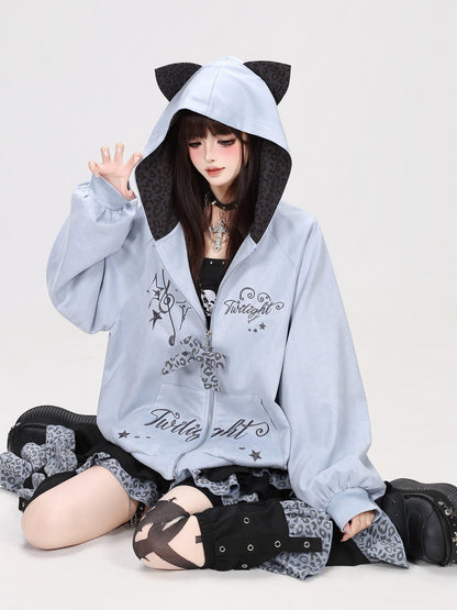 Crazy Girl Leopard Cat Ear Note Embroidered Hooded Women&