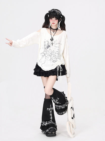 Crazy Girl Letter Print Asymmetrical Cross Shoulder Drawstring Women&
