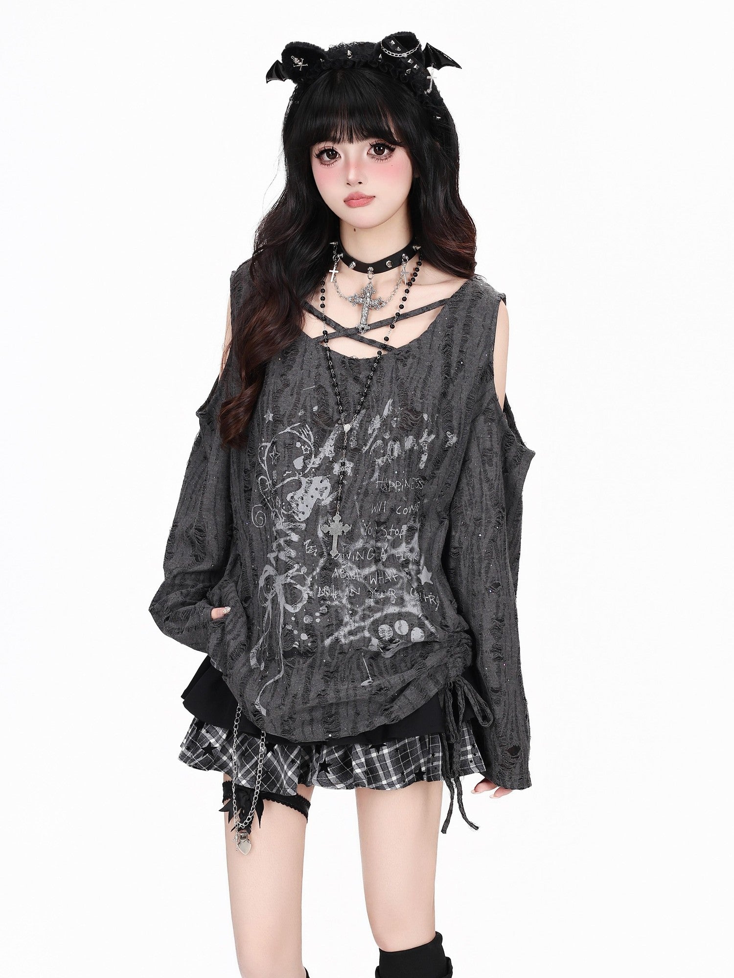 Crazy Girl Letter Print Asymmetrical Cross Shoulder Drawstring Women&