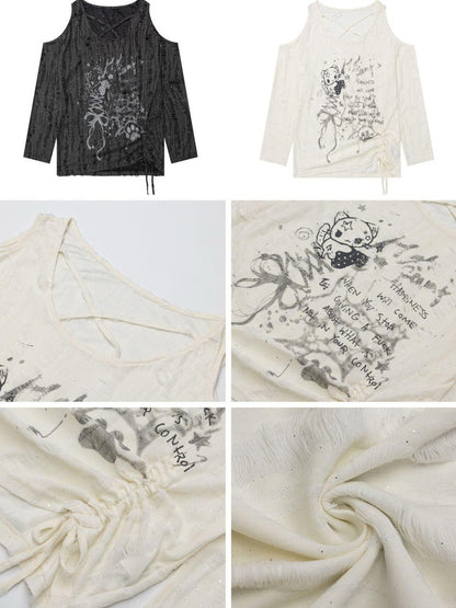 Crazy Girl Letter Print Asymmetrical Cross Shoulder Drawstring Women&