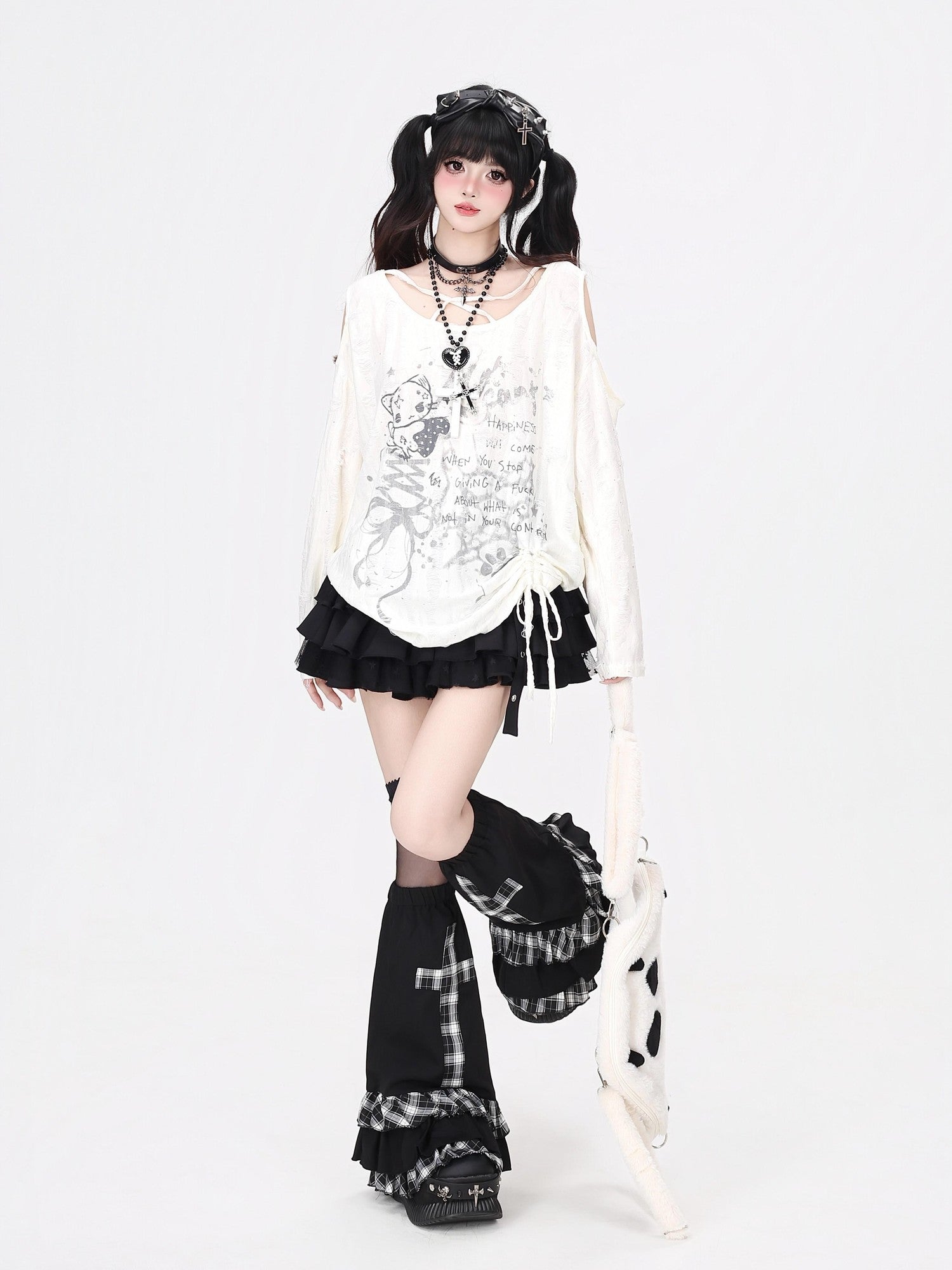 Crazy Girl Letter Print Asymmetrical Cross Shoulder Drawstring Women&