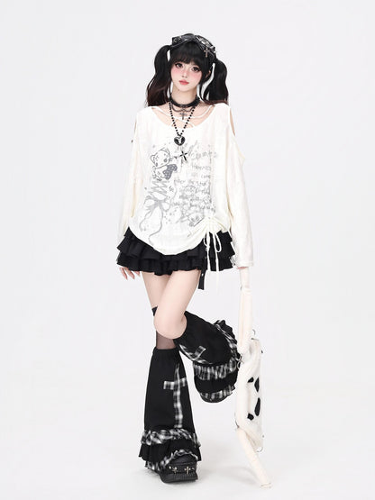 Crazy Girl Letter Print Asymmetrical Cross Shoulder Drawstring Women&