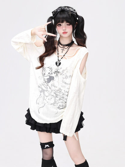 Crazy Girl Letter Print Asymmetrical Cross Shoulder Drawstring Women&