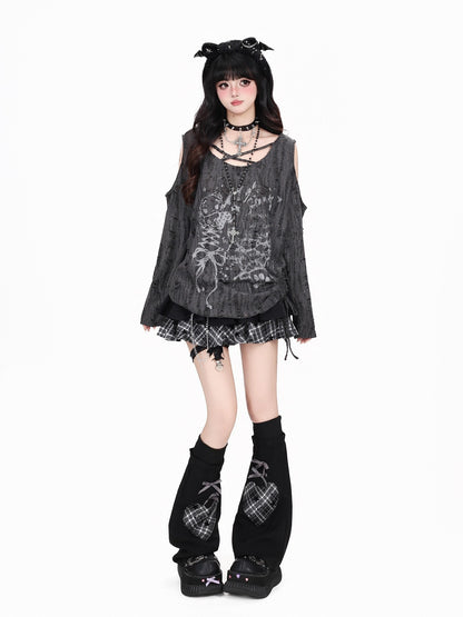 Crazy Girl Letter Print Asymmetrical Cross Shoulder Drawstring Women&