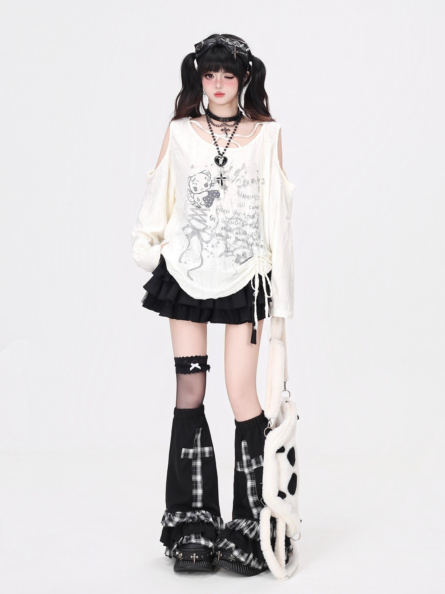 Crazy Girl Letter Print Asymmetrical Cross Shoulder Drawstring Women&