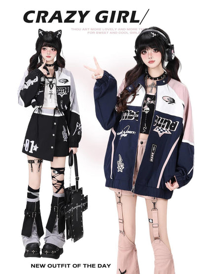 Crazy Girl Lightweight Contrast Color Stand Collar Zipper Loose Fit Women&